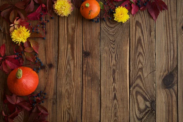 Sfondo di autunno - Piccole zucche arancioni con foglie rosse e fiori gialli su un tavolo di legno. Vista dall'alto, banner e concetto di ringraziamento. — Foto Stock