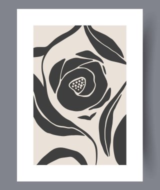 Güzel stilize edilmiş bir gül ve narin yapraklar içeren göz alıcı siyah beyaz bir çiçek çizimi.