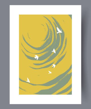 Kıvrımlı sarı bir arka plan arasında kuşların el yapımı tasarımı, doğal olarak sükunet ve sükunet.