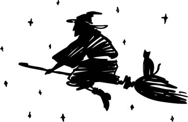 Süpürge sopasıyla gezen bir cadının mistik silueti. Yanında sadık kedisi var. Yıldızlı bir gece arkaplanına kurulmuş.