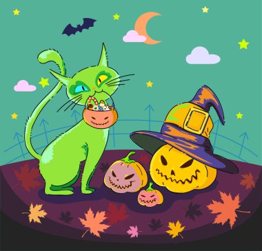 Yeşil bir kedi, balkabağı ve sonbahar yapraklı tuhaf bir Cadılar Bayramı sahnesi. Ürkütücü titreşimler için mükemmel..