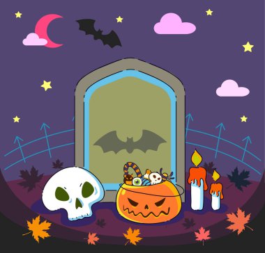 Neşeli bir balkabağı, ürkütücü kafatası, mumlar ve diğer ürkütücü elementlerle renkli bir Cadılar Bayramı çizimi.