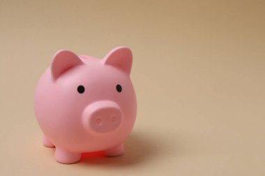 Domuz kumbarası, para doları. Bej bir arka plan.