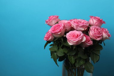 Mavi arka planda hediyeli pembe gül