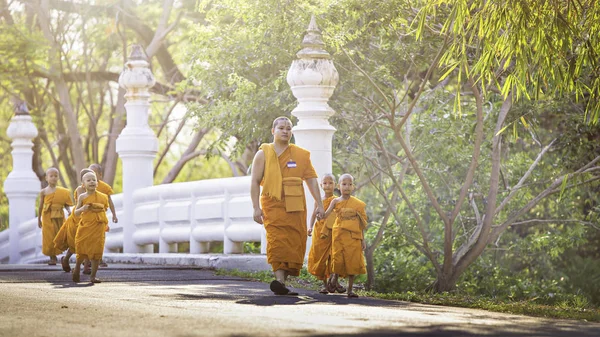 ナコンパトム 4月9日 初心者や僧侶は 2019年4月9日にタイのナコンパトムで大きな木々を持って道路を歩いています — ストック写真