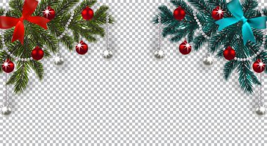 Yeni yıl. Noel. Yeşil ve mavi bir oyuncak bir gölge ile Noel ağacı dalı. Köşe çizim. Mavi ve kırmızı yay, damalı zemin üzerine gümüş ve kırmızı top. illüstrasyon