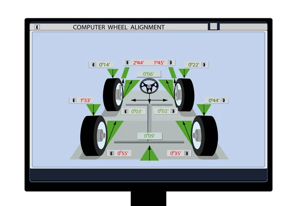 Autoservis. Obrázek auta schéma s čidly na kolech na monitoru počítače. Geometrie kol. ilustrace — Stockový vektor