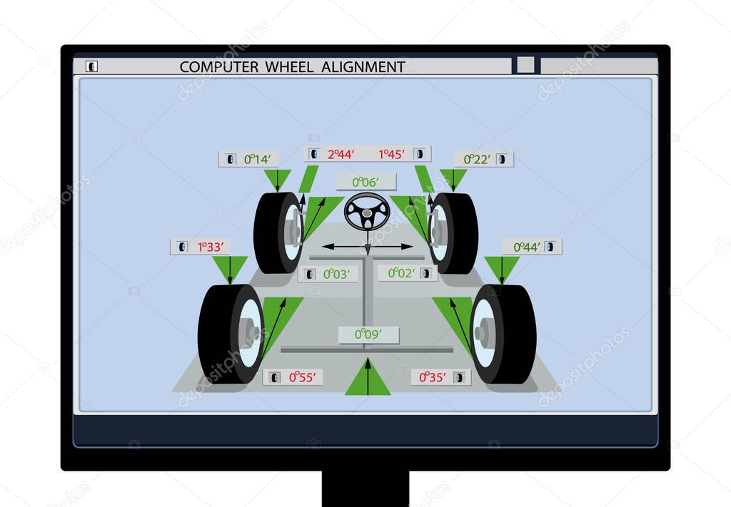 Car service. An image of a car schematic with sensors on wheels on a computer monitor. Wheel alignment. illustration