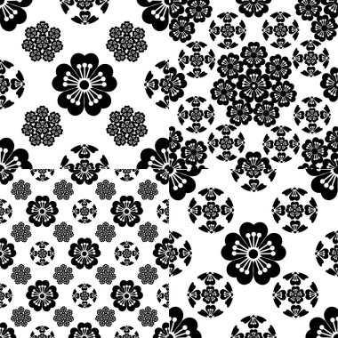 Koymak Sakura sorunsuz stilize çiçek, Japon semboller, siyah beyaz arka planda, izole, illüstrasyon.