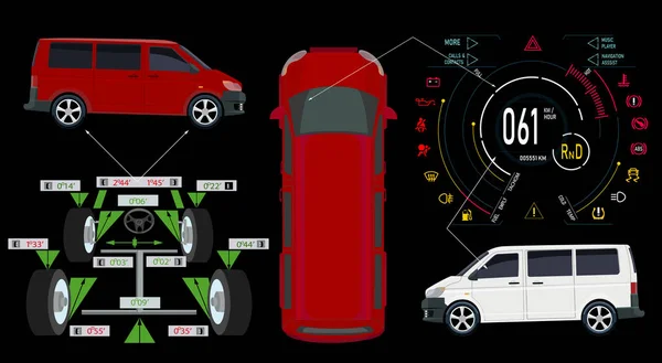 Car-service. Buss. Digitala bil instrumentbrädan i en modern bil. Grafisk display, diagnostik hjul justering. illustration — Stock vektor