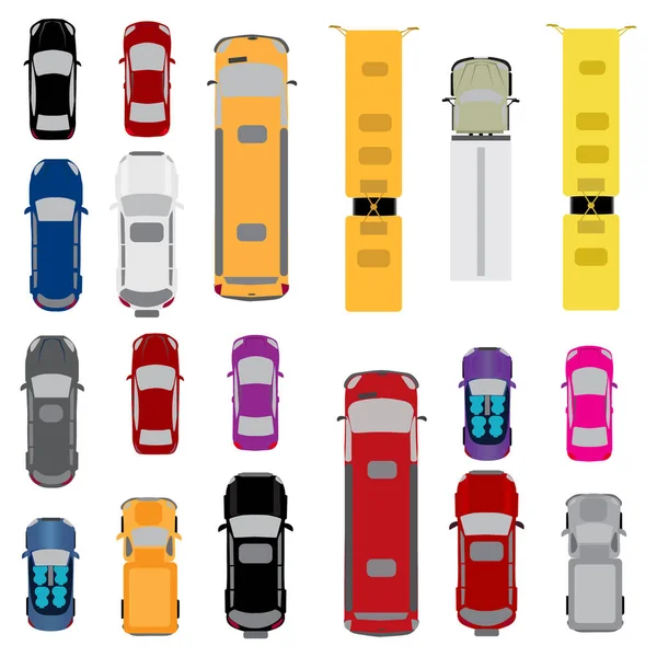 En uppsättning av bilar. Sidan, coupe, Cabriolet, stationsvagn, last van buss. Visa från ovan. illustration — Stock vektor