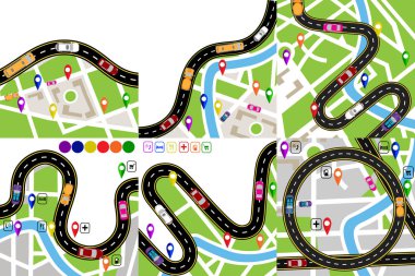 Yol Infographic. Bir yol işaretleri ile alan haritalar üzerinde ayarlayın. Yolun gezgin tarafından belirtilir. Rating görüntülemek. illüstrasyon