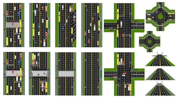 Road Infographic. Uppsättning platser av vägar, motorvägar, gator. Bilar kollektivtrafik. Ovanifrån på motorväg. Cirkelrörelse, korsningar. illustration — Stock vektor