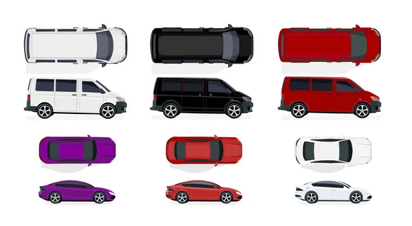 Set med svarta och vita, röda bilar. Sedd från sidan och uppifrån. Volymetrisk ritning utan ett rutnät och en övertoning. Isolerade på vit bakgrund. illustration — Stock vektor