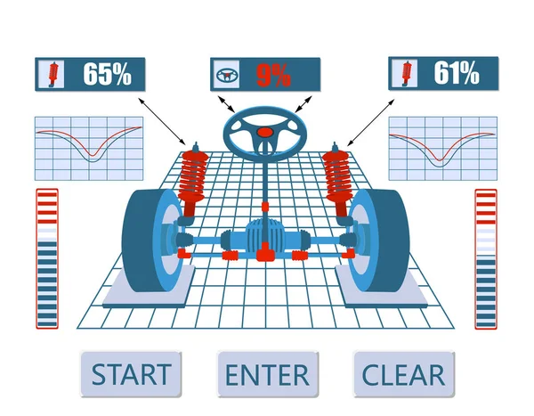 Servicio de coches. Imagen del diagrama de montaje del vehículo en el soporte. Comprobación y ajuste de amortiguadores y guías de dirección. ilustración — Vector de stock