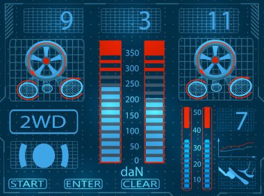 Araba servisi. Tarama. Grafik arayüzü yakın çekim. Tekerlekleri ellipticity kontrol ve frenleme sistemi. illüstrasyon