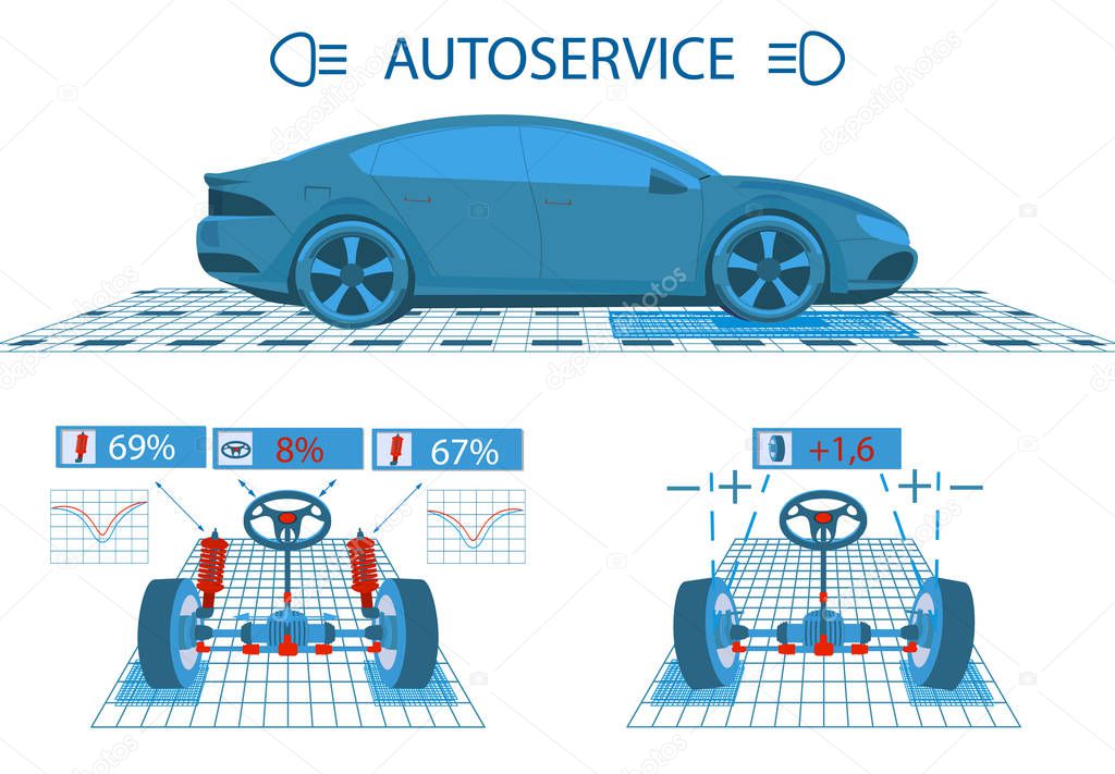 Car service. Scanning. Graphical interface. Diagnostic alignment of the wheels. Check of shock-absorbers, the steering mechanism. Side view and perspective. illustration