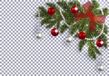 Yeni yıl. Noel. Yeşil oyuncaklar ile bir gölge ile Noel ağacı dalı. Köşe çizim. kırmızı yay, şeffaf bir arka plan üzerinde gümüş ve kırmızı top. illüstrasyon