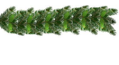 Noel. Yeni yıl s süslemeleri saçakların koniler ile şeklinde. Beyaz zemin üzerine yeşil ağaç dalları. illüstrasyon