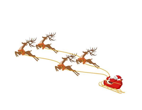 Año Nuevo Navidad. Santa Claus en un trineo dibujado por cuatro ciervos. En color. ilustración — Vector de stock