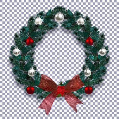 Noel, yeni yıl. Mavi Ladin gölgeli bir Noel çelenk şeklinde dalı. Kırmızı yay, gümüş ve kırmızı topları arka planda damalı. illüstrasyon