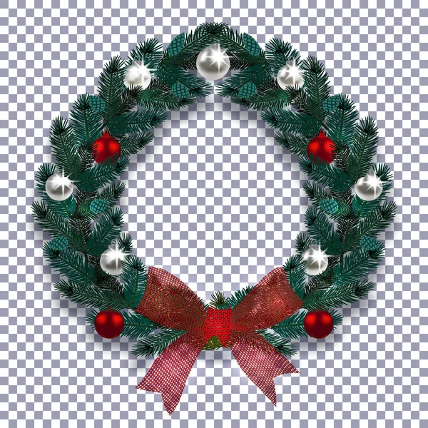 Christmas, New Year. Blue branch of spruce in the form of a Christmas wreath with shadow. Red bow, silver and red balls on the background checkered. illustration — Stock Vector