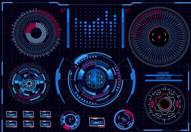 Bilgisayar kontrol süreçleri. Tanılama stand. Sanal grafik arayüzü, elektronik objektif, Hud öğeleri. illüstrasyon
