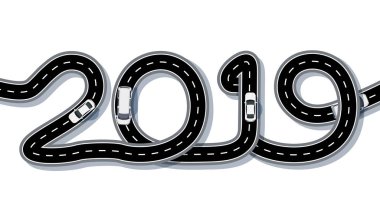 2019 yeni yıl. Yolun bir yazıt şeklinde stilize edilmiştir. Navlun ve arabalar. İzole. illüstrasyon