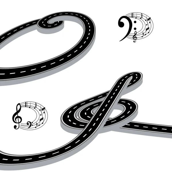 The road is stylized in the form of a violin and bass key in perspective. Music on the road. Isolated. illustration — Stock Vector