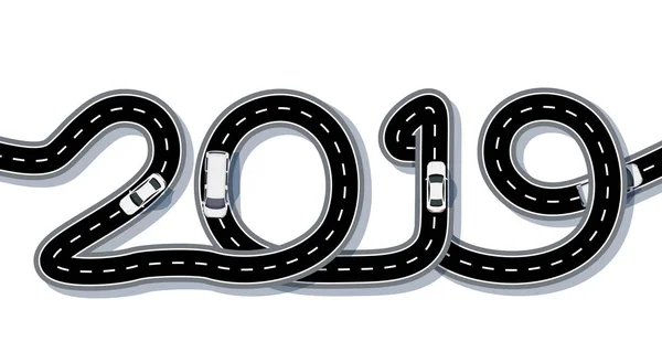 2019 yeni yıl. Yolun bir yazıt şeklinde stilize edilmiştir. Navlun ve arabalar. İzole. illüstrasyon