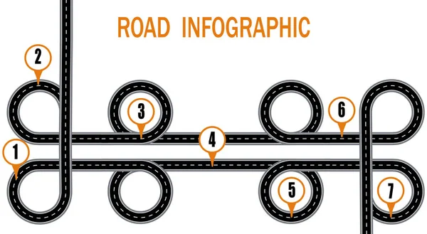 Infographics. A winding road and a circular motion with signs. The path specified by the navigator. illustration — Stock Vector