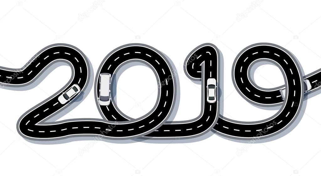2019 New Year. The road is stylized in the form of an inscription. Freight and cars. Isolated. illustration