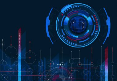Bilgisayar Yönetimi. Dünya görüntüsü. Sanal grafik arayüzü, elektronik objektif, Hud öğesi. Soyut, bilim, fütüristik, enerji. illüstrasyon