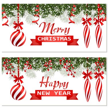 Yeni yıl Noel. İki el ilanı, kartvizitler, kart. Çizgili topları ve mumlar. Yeşil dallar kar köknar ağaçları. Bir kutlama yazıt ile şerit. illüstrasyon