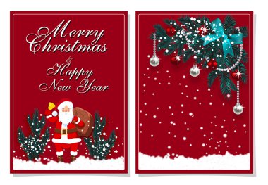 Mutlu Noeller ve mutlu yeni yıl. Tebrik kartı süslemeleri Noel ağacı ve kar ile. Bir çan ve hediyeler ile Noel Baba. illüstrasyon