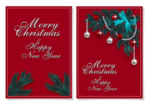 Feliz Navidad y Feliz Año Nuevo. Tarjeta de felicitación con decoraciones Chrirstmas en abeto. ilustración — Archivo Imágenes Vectoriales