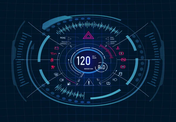 Autó-service. Futurisztikus irányítópult-tervező. Sebességmérő, fordulatszámmérő. Gui. HUD illusztráció — Stock Vector