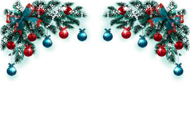 Mutlu Noeller ve mutlu yeni yıl. Karda mavi bir Noel ağacı süslemeleri ile tebrik kartı. Köşe çizim. illüstrasyon