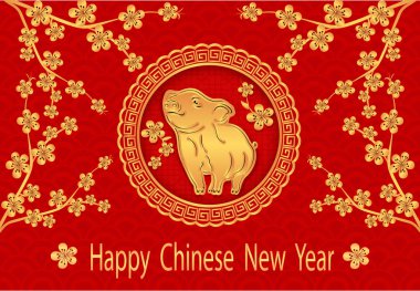 2019 burcu. Yazıt ile Çin yeni yıl tebrik. Sakura. Teyze ile altın domuz yavrusu. Vector Illustrator