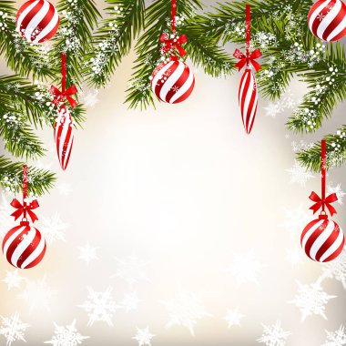 Yeni yıl Noel. Çizgili topları ve mum tebrik kartı. Yeşil dallar kar köknar ağaçları. illüstrasyon