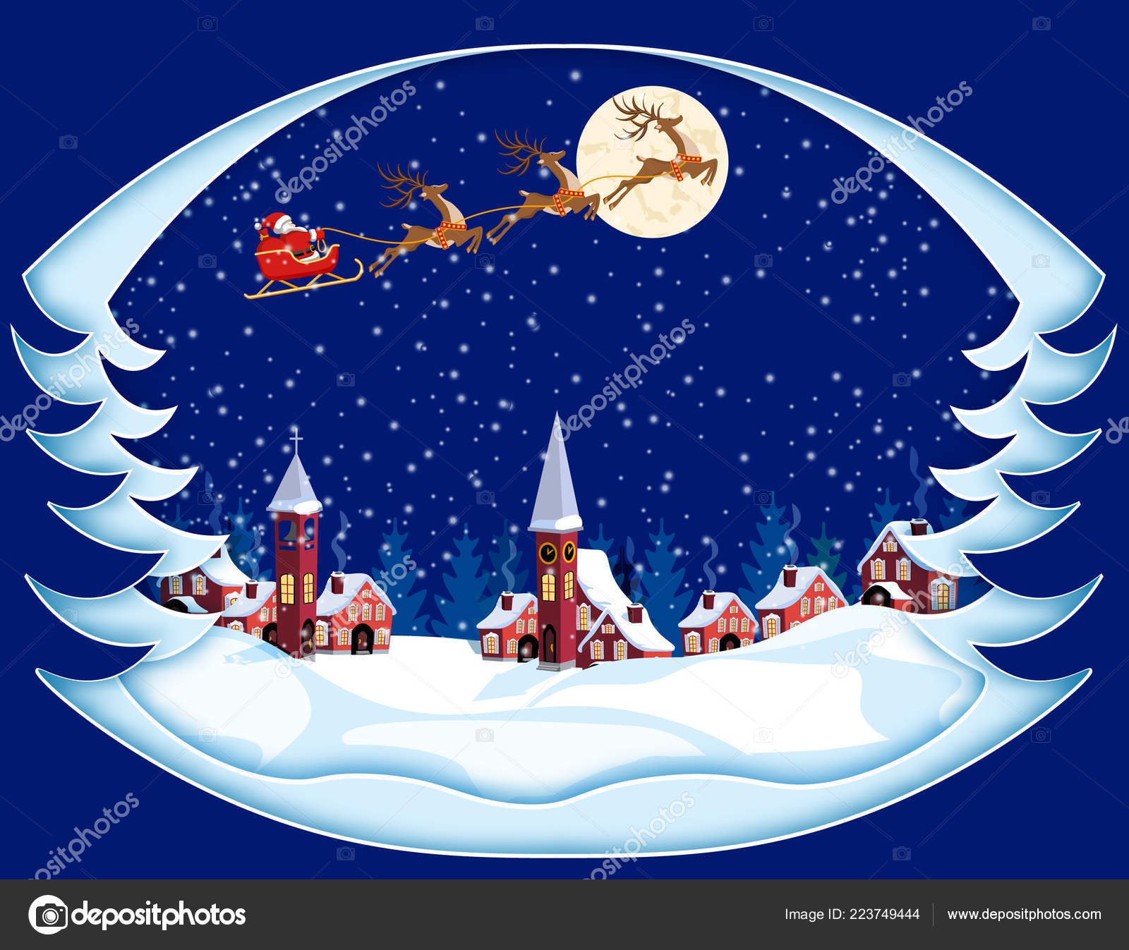 Merry Christmas And Happy New Year Greeting Card In The Form Of Trees Santa Claus Moon Snow Houses Church Illustration Vector Image By C Lily Studio Vector Stock Merry Christmas And Happy New Year Greeting Card In The Form Of Trees Santa Claus Moon Snow Houses Church Illustration Vector Image By C Lily Studio Vector Stock