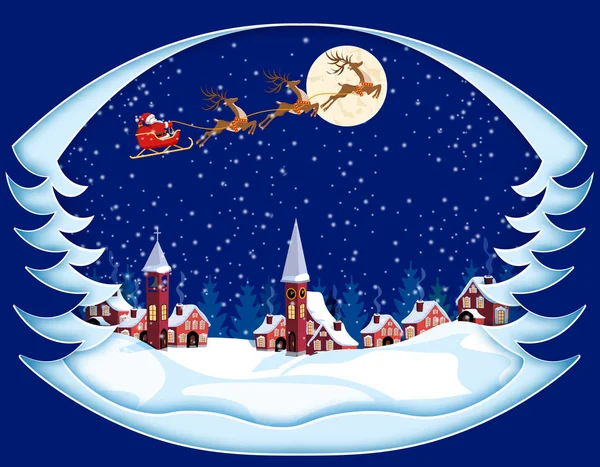 Feliz Navidad y Feliz Año Nuevo. Tarjeta de felicitación en forma de árboles. Santa Claus, luna, nieve, casas, iglesia. ilustración — Vector de stock