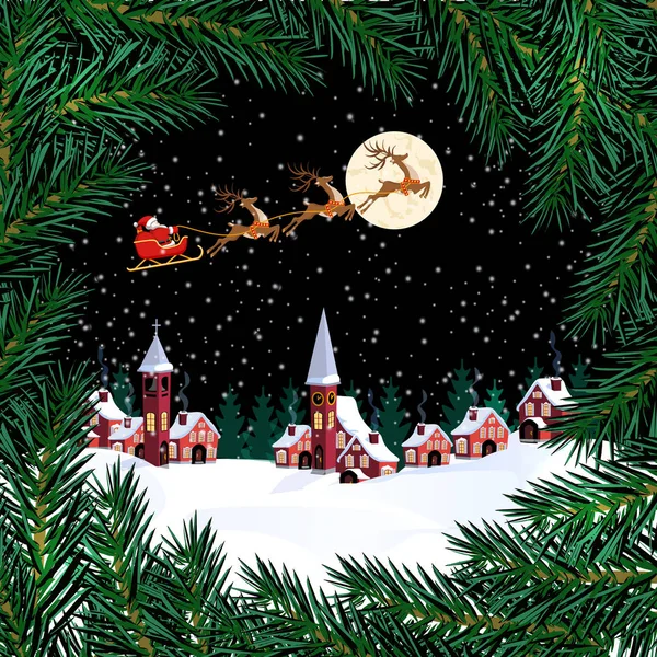 Año Nuevo. Navidad. Postal con un patrón de árboles de Navidad. Santa Claus, luna, ayuntamiento, casas. Las ramas verdes de los abetos en el círculo. ilustración — Vector de stock