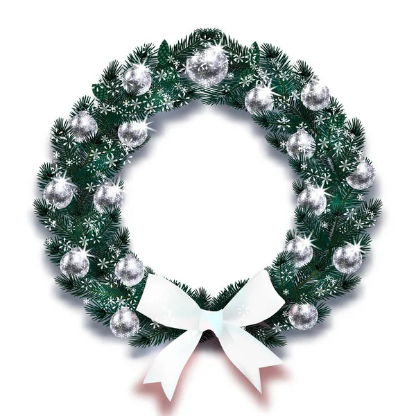 Navidad, Año Nuevo. Copos de nieve. Ramas de abeto verde oscuro en forma de corona de Navidad con bolas de plata y arcos blancos en la nieve. ilustración — Archivo Imágenes Vectoriales