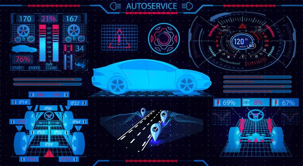 Service de voiture. GUI. Roues d'alignement diagnostiques. Fragment de la route. Vérifiez les amortisseurs, le système de freinage et le tableau de bord. illustration — Image vectorielle