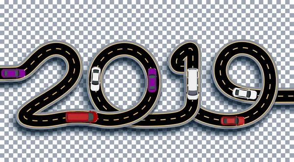 Nouvel An 2019. La route est stylisée comme une inscription. Camions et voitures. Isolé sur fond transparent avec ombre. Illustration — Image vectorielle
