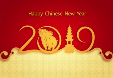 2019 zodyak domuzlar. Çin yeni yılı. Şekil domuz yavrusu. Yazıt ile stilize kartı. illüstrasyon