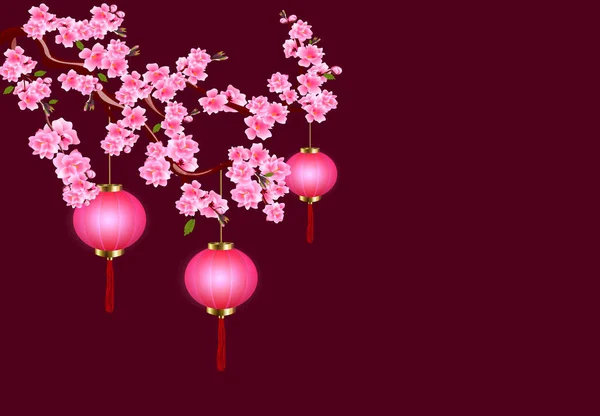 Chinese New Year Sakura Purple Lanterns Cherry Flowers Buds Leaves — Stock Vector