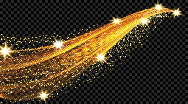Comète, météorite, vaisseau spatial. Elément design Golden wave avec effet paillettes sur un fond sombre. illustration — Image vectorielle