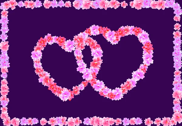 Día de San Valentín. Dos corazones de flores rosadas Sakura, flor de cerezo sobre un fondo oscuro en un marco de flores. ilustración — Archivo Imágenes Vectoriales